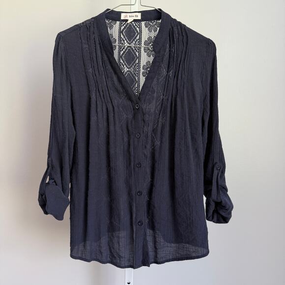 Active USA sz L Black Boho Lace Back Blouse Cottagecore Button‎ Top - Picture 1 of 8